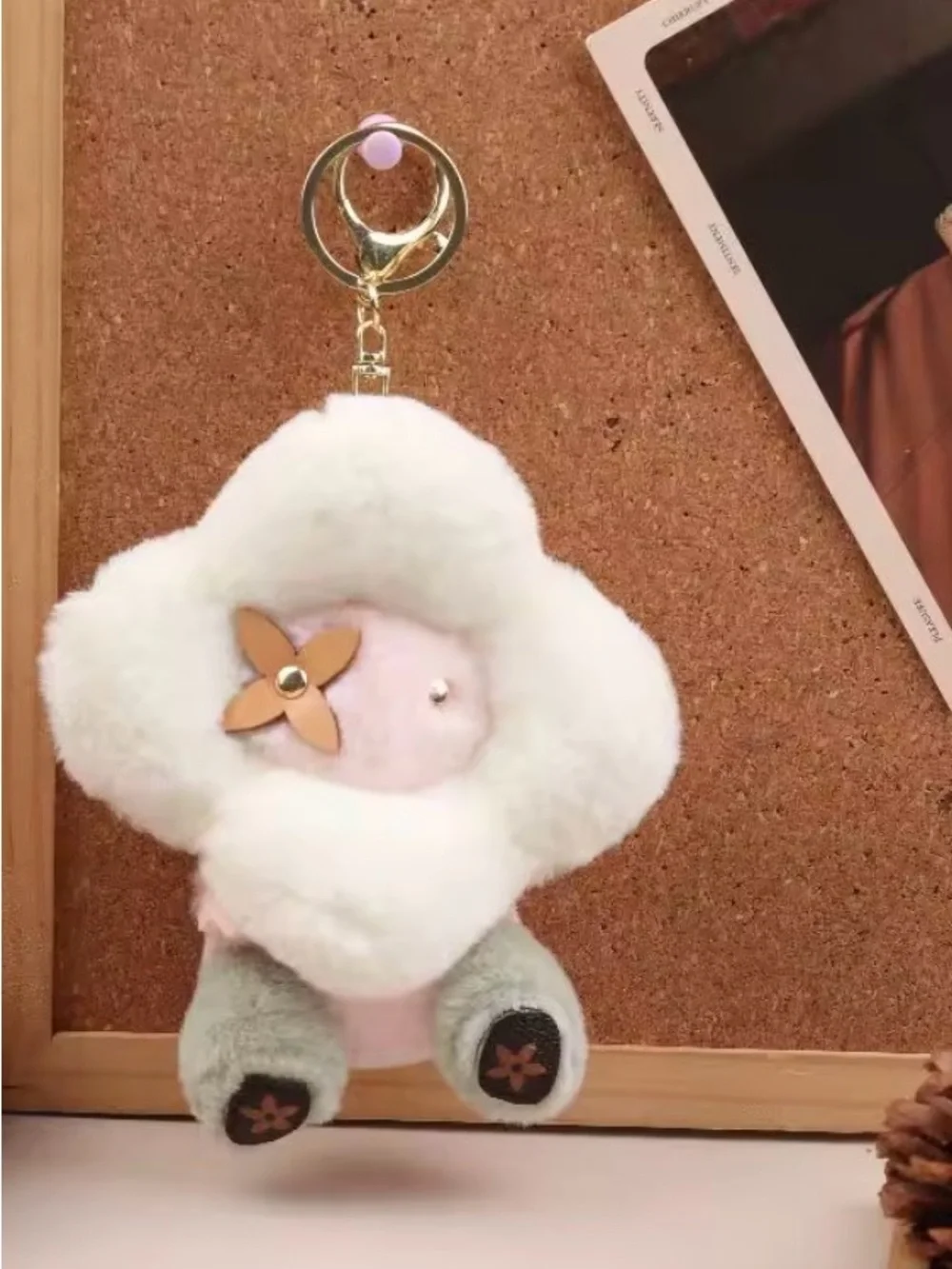 Source Unknown Plush Flower Keychain Charm - White, Pink, Green, Gold